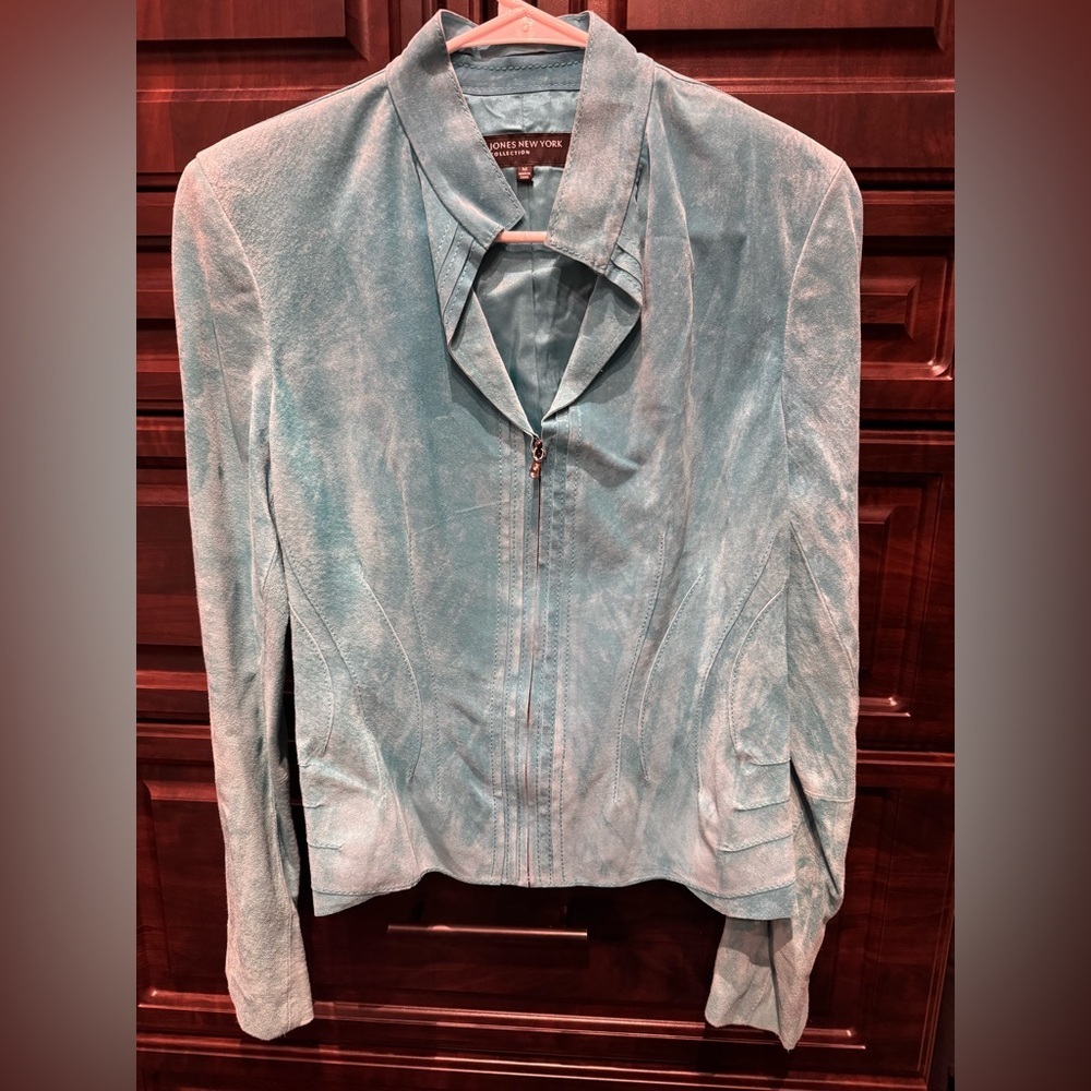 Jones NY 100% real leather suede jacket baby blue MEDIUM - Picture 5 of 6